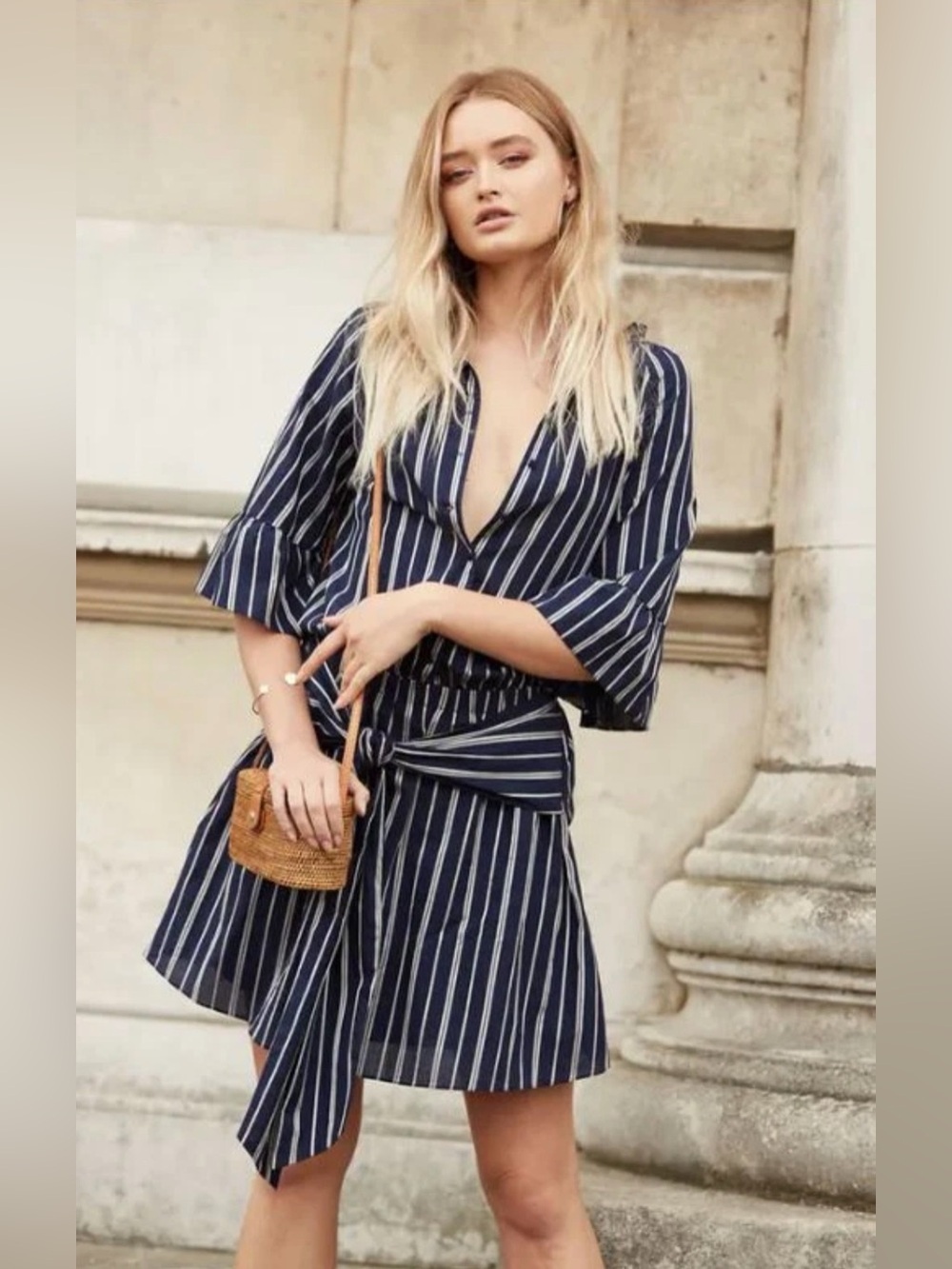 REVOLVE The Jetset Diaries Navy and White Striped Tie Waist Dress Large NWT